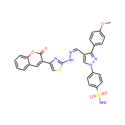 COc1ccc(-c2nn(-c3ccc(S(N)(=O)=O)cc3)cc2/C=N\Nc2nc(-c3cc4ccccc4oc3=O)cs2)cc1 ZINC000653912920