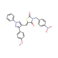 COc1ccc(-c2nn(-c3ccccc3)cc2/C=C2\SC(=O)N(Cc3ccc([N+](=O)[O-])cc3)C2=O)cc1 ZINC001772620785