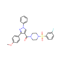 COc1ccc(-c2nn(-c3ccccc3)cc2C(=O)N2CCN(S(=O)(=O)c3cccc(F)c3)CC2)cc1 ZINC000023076234