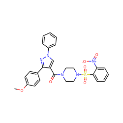 COc1ccc(-c2nn(-c3ccccc3)cc2C(=O)N2CCN(S(=O)(=O)c3ccccc3[N+](=O)[O-])CC2)cc1 ZINC000072136683