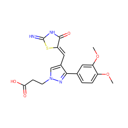 COc1ccc(-c2nn(CCC(=O)O)cc2/C=C2\SC(=N)NC2=O)cc1OC ZINC000004269641