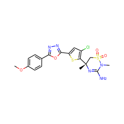 COc1ccc(-c2nnc(-c3cc(Cl)c([C@]4(C)CS(=O)(=O)N(C)C(N)=N4)s3)o2)cc1 ZINC000208993170