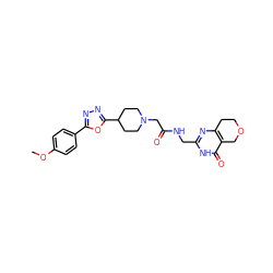 COc1ccc(-c2nnc(C3CCN(CC(=O)NCc4nc5c(c(=O)[nH]4)COCC5)CC3)o2)cc1 ZINC000208782509