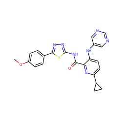 COc1ccc(-c2nnc(NC(=O)c3nc(C4CC4)ccc3Nc3cncnc3)s2)cc1 ZINC000096167413