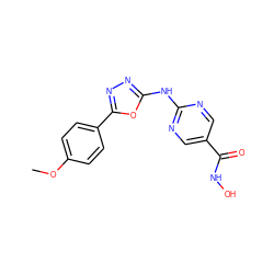 COc1ccc(-c2nnc(Nc3ncc(C(=O)NO)cn3)o2)cc1 ZINC000072126898