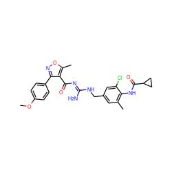 COc1ccc(-c2noc(C)c2C(=O)/N=C(\N)NCc2cc(C)c(NC(=O)C3CC3)c(Cl)c2)cc1 ZINC000095571828