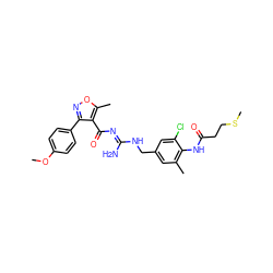 COc1ccc(-c2noc(C)c2C(=O)/N=C(\N)NCc2cc(C)c(NC(=O)CCSC)c(Cl)c2)cc1 ZINC000095573949