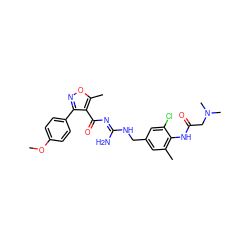 COc1ccc(-c2noc(C)c2C(=O)/N=C(\N)NCc2cc(C)c(NC(=O)CN(C)C)c(Cl)c2)cc1 ZINC000095571792