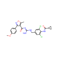 COc1ccc(-c2noc(C)c2C(=O)/N=C(\N)NCc2cc(Cl)c(NC(=O)C3CC3)c(Cl)c2)cc1 ZINC000095573998