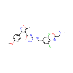 COc1ccc(-c2noc(C)c2C(=O)/N=C(\N)NCc2cc(Cl)c(NC(=O)CN(C)C)c(Cl)c2)cc1 ZINC000095575278