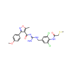 COc1ccc(-c2noc(C)c2C(=O)/N=C(\N)NCc2cc(Cl)c(NC(=O)CSC)c(Cl)c2)cc1 ZINC000095574625