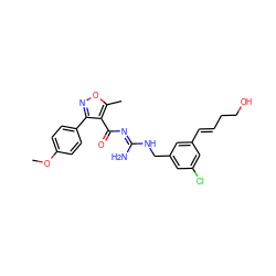 COc1ccc(-c2noc(C)c2C(=O)/N=C(\N)NCc2cc(Cl)cc(/C=C/CCO)c2)cc1 ZINC000095575018