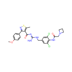 COc1ccc(-c2nsc(C)c2C(=O)/N=C(\N)NCc2cc(Cl)c(NC(=O)CN3CCC3)c(Cl)c2)cc1 ZINC000095577472