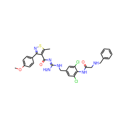 COc1ccc(-c2nsc(C)c2C(=O)/N=C(\N)NCc2cc(Cl)c(NC(=O)CNCc3ccccc3)c(Cl)c2)cc1 ZINC000095575084