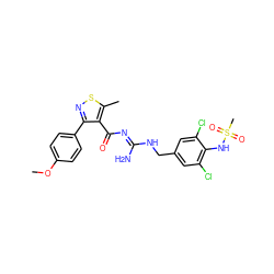 COc1ccc(-c2nsc(C)c2C(=O)/N=C(\N)NCc2cc(Cl)c(NS(C)(=O)=O)c(Cl)c2)cc1 ZINC000095576303