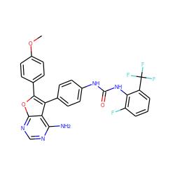 COc1ccc(-c2oc3ncnc(N)c3c2-c2ccc(NC(=O)Nc3c(F)cccc3C(F)(F)F)cc2)cc1 ZINC000029041247