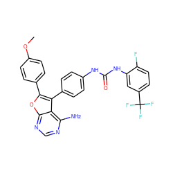 COc1ccc(-c2oc3ncnc(N)c3c2-c2ccc(NC(=O)Nc3cc(C(F)(F)F)ccc3F)cc2)cc1 ZINC000003988862