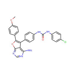 COc1ccc(-c2oc3ncnc(N)c3c2-c2ccc(NC(=O)Nc3ccc(Cl)cc3)cc2)cc1 ZINC000014945113