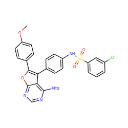 COc1ccc(-c2oc3ncnc(N)c3c2-c2ccc(NS(=O)(=O)c3cccc(Cl)c3)cc2)cc1 ZINC000014945111