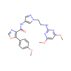 COc1ccc(-c2ocnc2C(=O)Nc2cnn(CCNc3nc(OC)cc(OC)n3)c2)cc1 ZINC000201574443