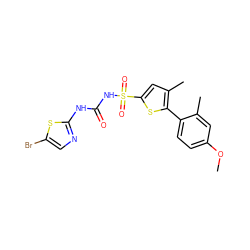 COc1ccc(-c2sc(S(=O)(=O)NC(=O)Nc3ncc(Br)s3)cc2C)c(C)c1 ZINC000045335411