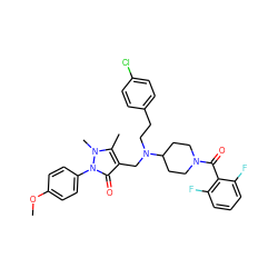 COc1ccc(-n2c(=O)c(CN(CCc3ccc(Cl)cc3)C3CCN(C(=O)c4c(F)cccc4F)CC3)c(C)n2C)cc1 ZINC000028897772