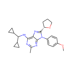 COc1ccc(-n2c([C@@H]3CCCO3)nc3c(NC(C4CC4)C4CC4)nc(C)nc32)cc1 ZINC000072123615