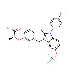 COc1ccc(-n2c(C)c(Cc3cccc(O[C@@H](C)C(=O)O)c3)c3cc(OC(F)(F)F)ccc32)cc1 ZINC000028474140