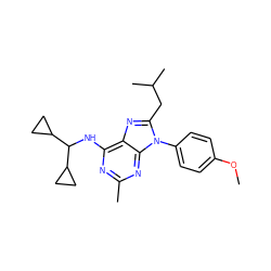 COc1ccc(-n2c(CC(C)C)nc3c(NC(C4CC4)C4CC4)nc(C)nc32)cc1 ZINC000072123614