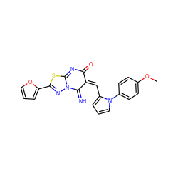 COc1ccc(-n2cccc2/C=C2\C(=N)N3N=C(c4ccco4)SC3=NC2=O)cc1 ZINC000013660080