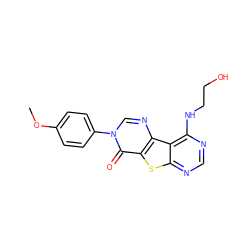 COc1ccc(-n2cnc3c(sc4ncnc(NCCO)c43)c2=O)cc1 ZINC000095559452