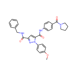 COc1ccc(-n2nc(C(=O)NCc3ccccc3)cc2C(=O)Nc2ccc(C(=O)N3CCCC3)cc2)cc1 ZINC000013491653