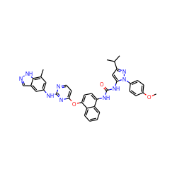 COc1ccc(-n2nc(C(C)C)cc2NC(=O)Nc2ccc(Oc3ccnc(Nc4cc(C)c5[nH]ncc5c4)n3)c3ccccc23)cc1 ZINC000211087584