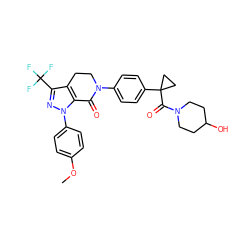 COc1ccc(-n2nc(C(F)(F)F)c3c2C(=O)N(c2ccc(C4(C(=O)N5CCC(O)CC5)CC4)cc2)CC3)cc1 ZINC000044360861