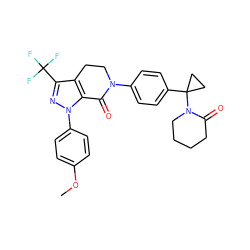 COc1ccc(-n2nc(C(F)(F)F)c3c2C(=O)N(c2ccc(C4(N5CCCCC5=O)CC4)cc2)CC3)cc1 ZINC000040873729