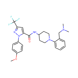 COc1ccc(-n2nc(C(F)(F)F)cc2C(=O)NC2CCN(c3ccccc3CN(C)C)CC2)cc1 ZINC000014969608