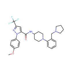 COc1ccc(-n2nc(C(F)(F)F)cc2C(=O)NC2CCN(c3ccccc3CN3CCCC3)CC2)cc1 ZINC000014969612