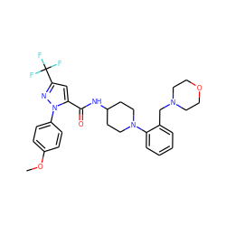 COc1ccc(-n2nc(C(F)(F)F)cc2C(=O)NC2CCN(c3ccccc3CN3CCOCC3)CC2)cc1 ZINC000014969617