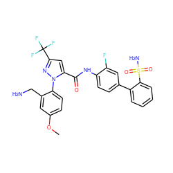 COc1ccc(-n2nc(C(F)(F)F)cc2C(=O)Nc2ccc(-c3ccccc3S(N)(=O)=O)cc2F)c(CN)c1 ZINC000027564441