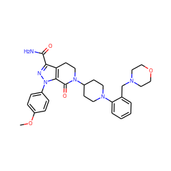 COc1ccc(-n2nc(C(N)=O)c3c2C(=O)N(C2CCN(c4ccccc4CN4CCOCC4)CC2)CC3)cc1 ZINC000014969581