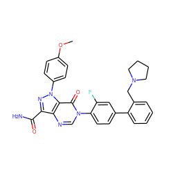 COc1ccc(-n2nc(C(N)=O)c3ncn(-c4ccc(-c5ccccc5CN5CCCC5)cc4F)c(=O)c32)cc1 ZINC000014950526