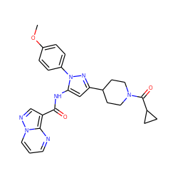 COc1ccc(-n2nc(C3CCN(C(=O)C4CC4)CC3)cc2NC(=O)c2cnn3cccnc23)cc1 ZINC000204767715