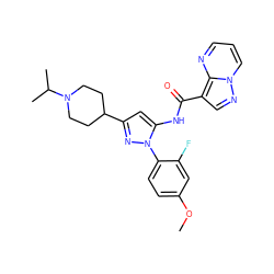 COc1ccc(-n2nc(C3CCN(C(C)C)CC3)cc2NC(=O)c2cnn3cccnc23)c(F)c1 ZINC000145834010