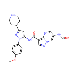 COc1ccc(-n2nc(C3CCNCC3)cc2NC(=O)c2cnn3cc(NC=O)cnc23)cc1 ZINC000143364078