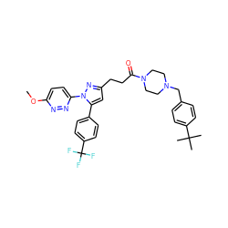 COc1ccc(-n2nc(CCC(=O)N3CCN(Cc4ccc(C(C)(C)C)cc4)CC3)cc2-c2ccc(C(F)(F)F)cc2)nn1 ZINC000072121435