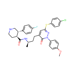 COc1ccc(-n2nc(Sc3ccc(Cl)cc3)cc(CC[C@@H](C)NC(=O)[C@H]3CCNC[C@@H]3c3ccc(F)cc3)c2=O)cc1 ZINC000028461179