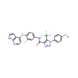 COc1ccc(-n2nnc(C(=O)Nc3ccc(Oc4ccnc5[nH]ccc45)c(F)c3)c2C(F)(F)F)cc1 ZINC000653729582