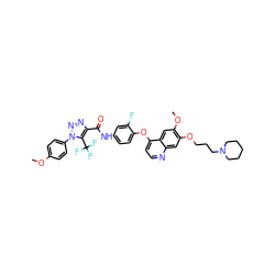 COc1ccc(-n2nnc(C(=O)Nc3ccc(Oc4ccnc5cc(OCCCN6CCCCC6)c(OC)cc45)c(F)c3)c2C(F)(F)F)cc1 ZINC000299832957