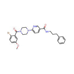 COc1ccc(Br)c(C(=O)N2CCN(c3ccc(C(=O)NCCCc4ccccc4)cn3)CC2)c1 ZINC000028655521