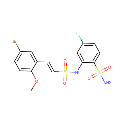 COc1ccc(Br)cc1/C=C/S(=O)(=O)Nc1cc(F)ccc1S(N)(=O)=O ZINC000143923501